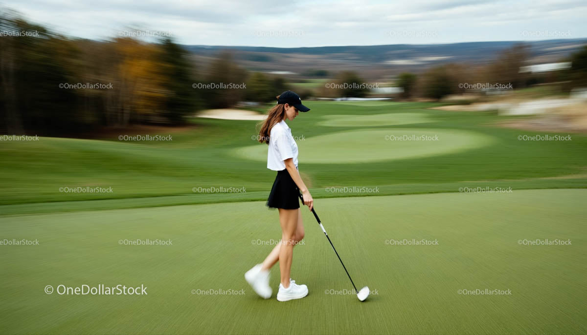 Kobieta na polu golfowym z kijem spacerująca po zielonym fairwayu