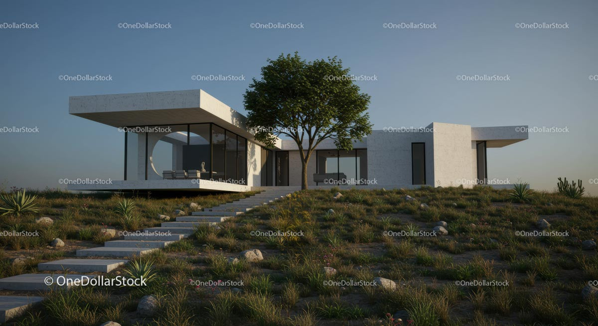 Modern Minimalist Home with Tree in Natural Setting