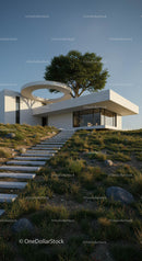 Modern House with Tree on Roof and Hillside Staircase