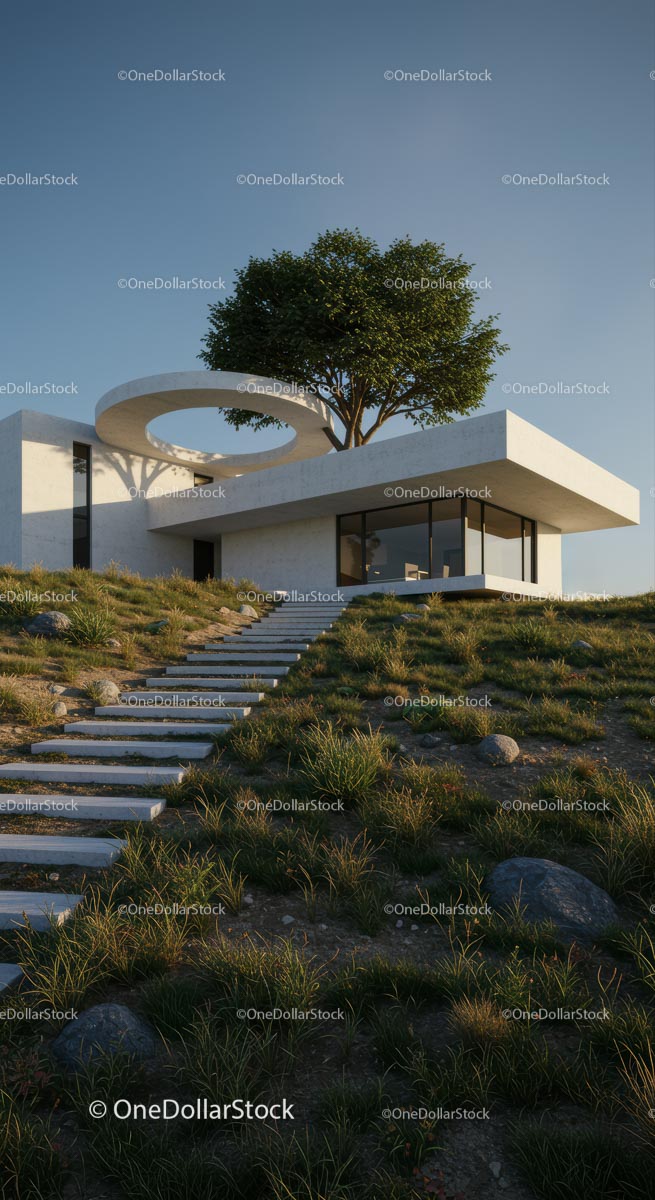Modern Minimalist Home with Tree in Natural Setting