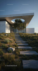 Modern Concrete House with Tree and Natural Landscape