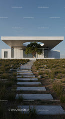 Contemporary Concrete House with Pathway and Tree