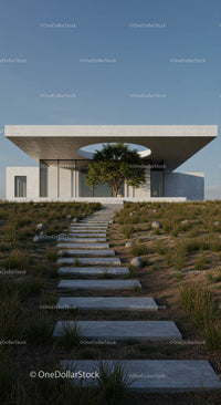 Contemporary Concrete House with Pathway and Tree