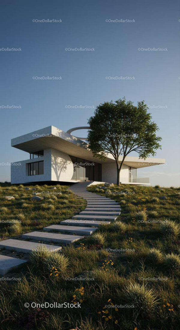 Nowoczesny luksusowy dom z minimalistyczną architekturą i drzewem