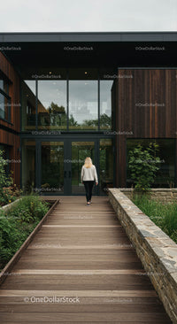 Modern Architecture with Wooden Walkway and Glass Facade