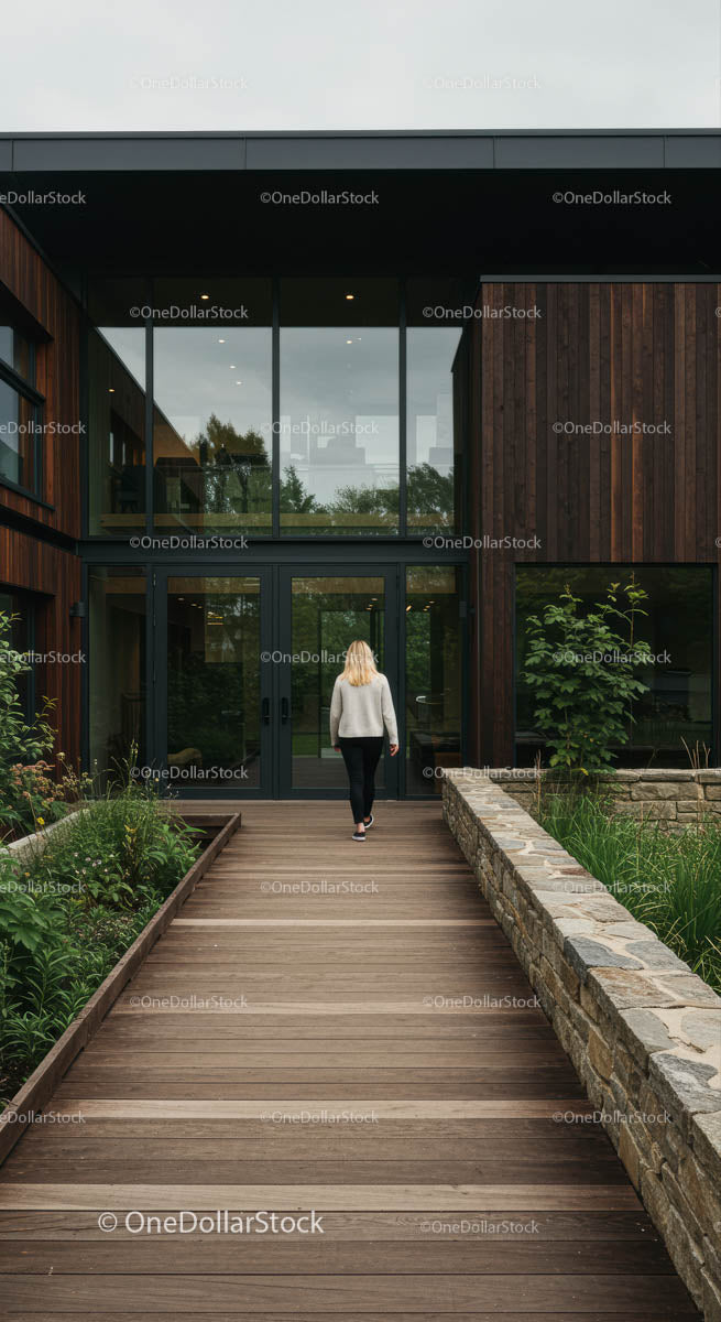 Nowoczesna architektura z drewnianym chodnikiem i szklaną fasadą