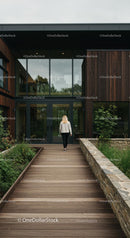 Modern Office Building with Wooden Exterior and Lush Garden