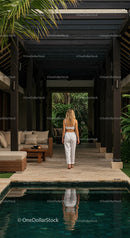 Woman Strolling by Luxurious Tropical Poolside