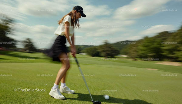 Dynamic Female Golfer Swinging on Sunny Golf Course