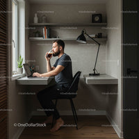 Man Enjoying Coffee in Modern Home Office Workspace