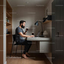 Man Working Remotely in Chic Minimalist Home Office Environment