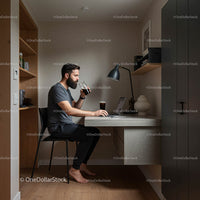 Man Working Remotely in Chic Minimalist Home Office Environment