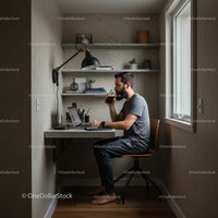 Focused Man Working at Minimalist Home Office Desk