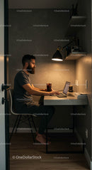 Man Working Late at Home Desk with Laptop