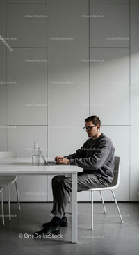 Focused Man Working on Laptop in Minimalist Office