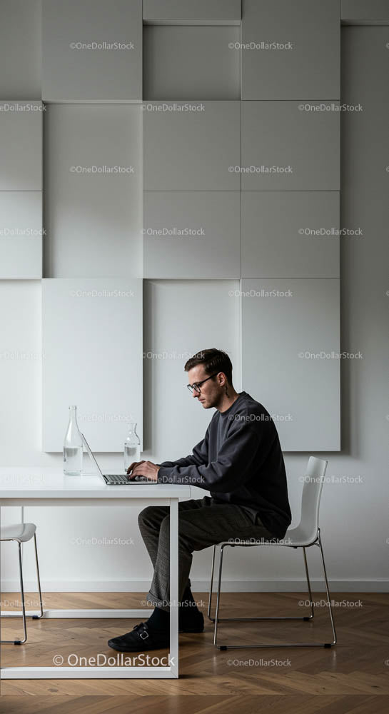 Mężczyzna pracujący przy laptopie w nowoczesnym minimalistycznym biurze