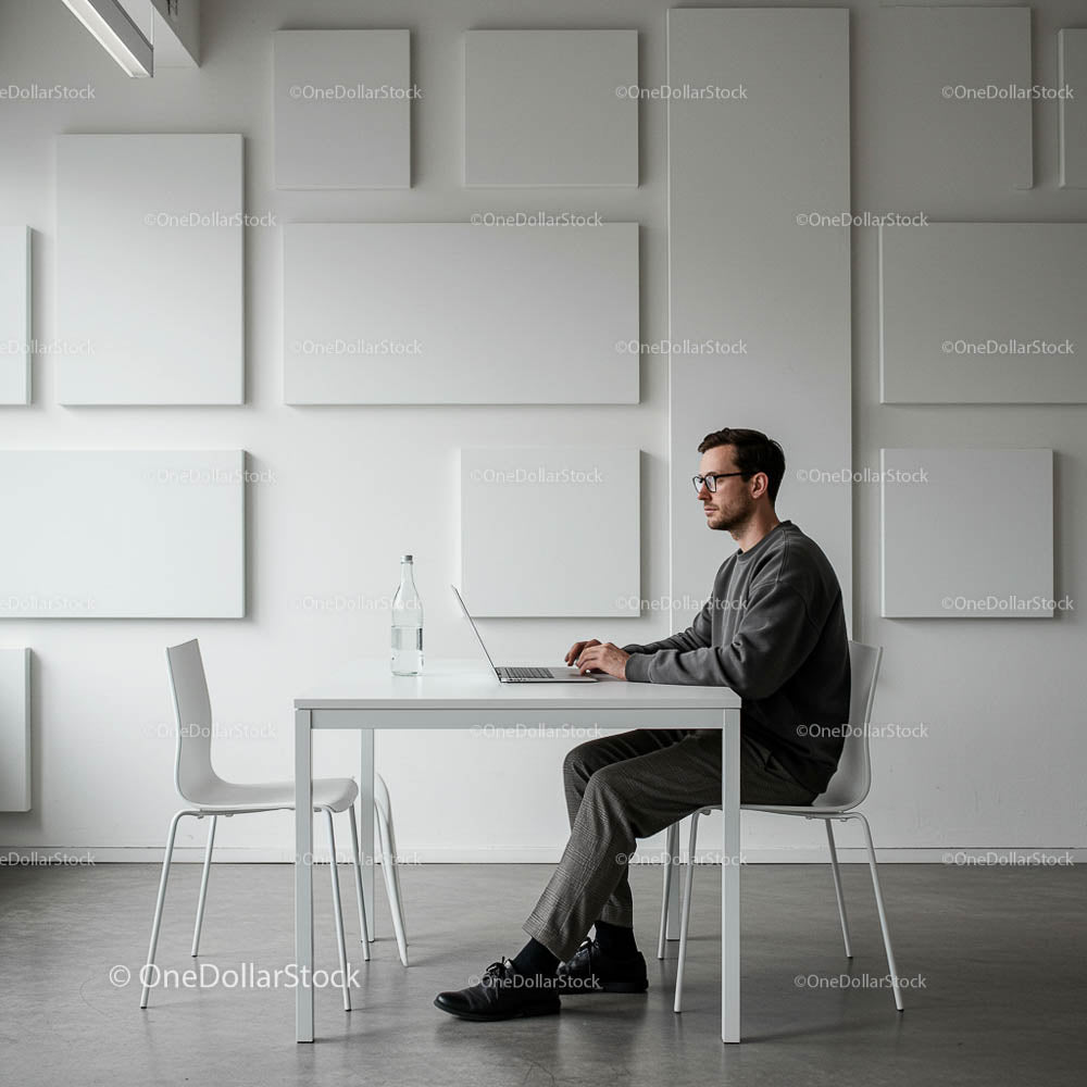 Nowoczesne biuro minimalistyczne z mężczyzną pracującym na laptopie