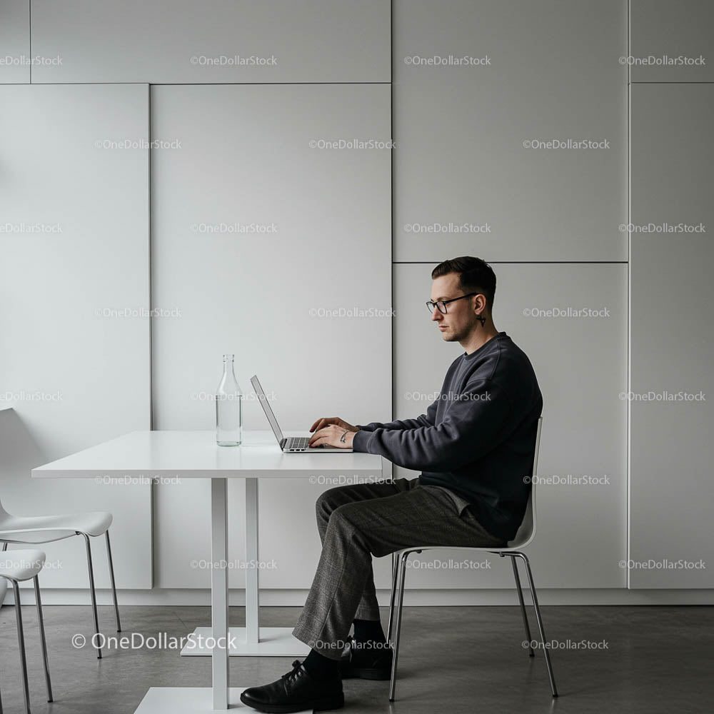 Skupiony mężczyzna pracujący na laptopie w minimalistycznym biurze