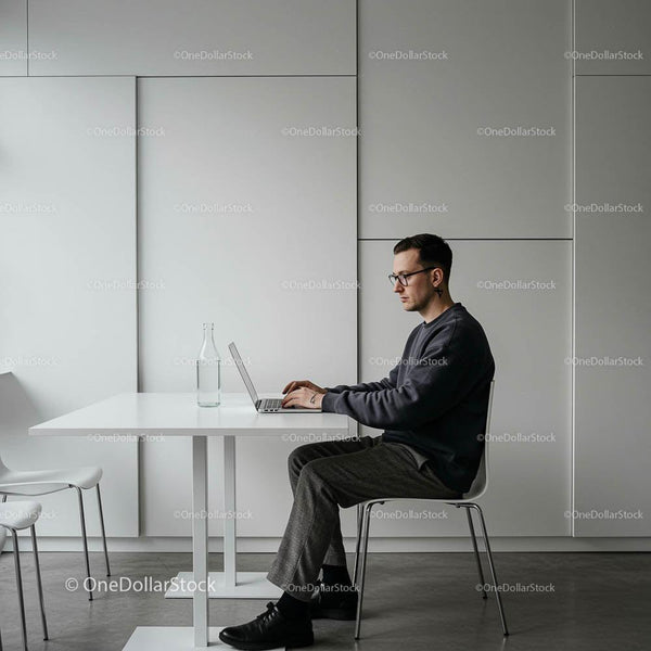 Skoncentrowany mężczyzna pracujący na laptopie w minimalistycznym biurze
