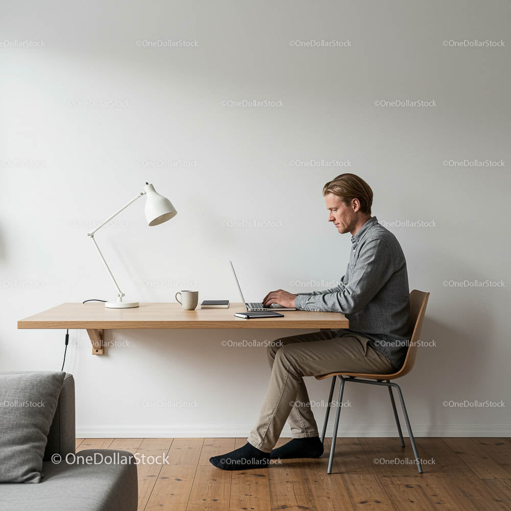 Minimalistyczne biuro domowe z mężczyzną pracującym na laptopie