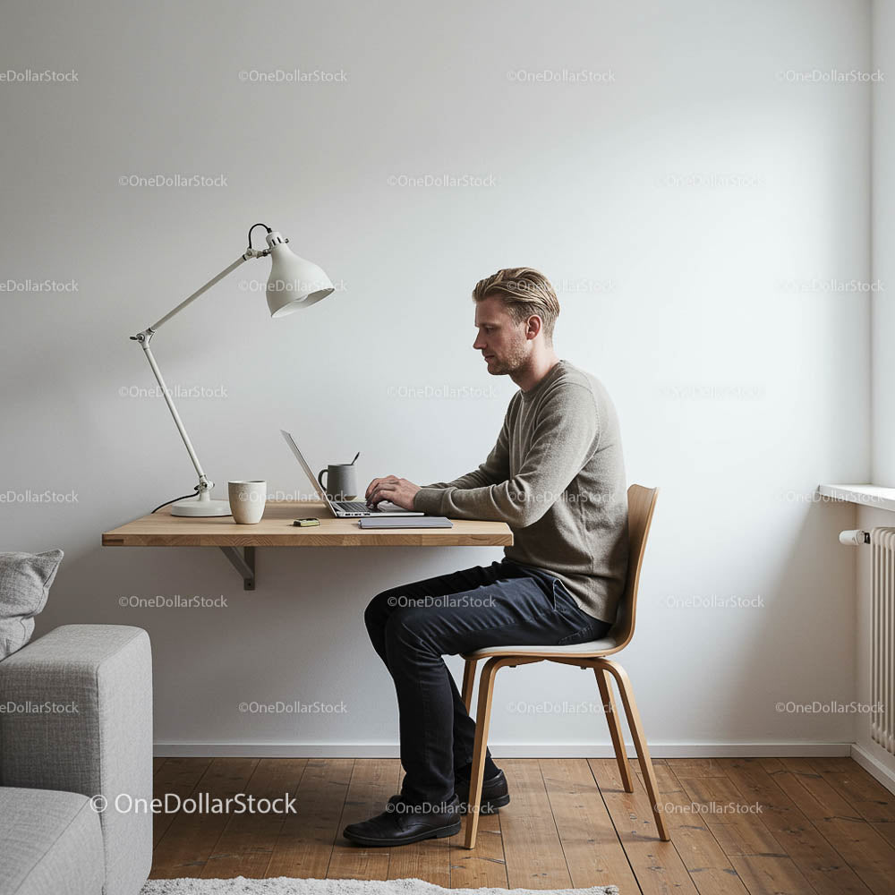 Mężczyzna pracujący na laptopie w minimalistycznym biurze domowym