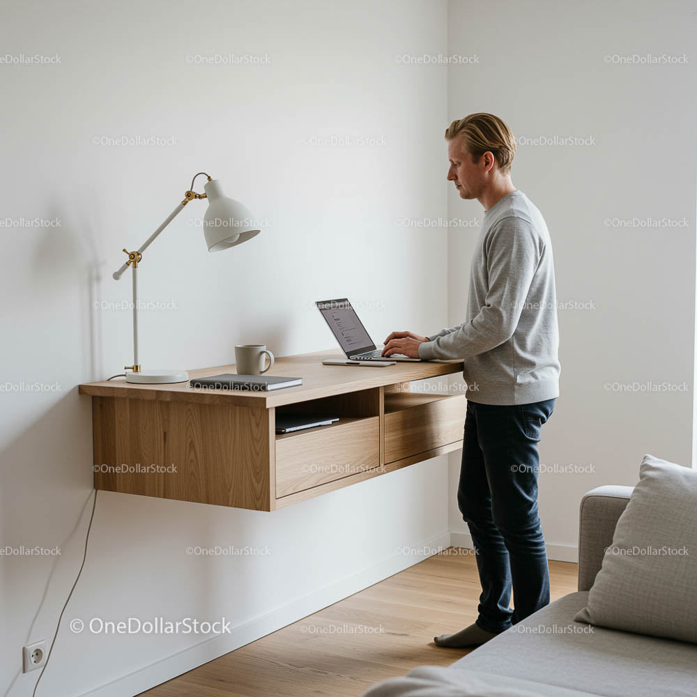 Mężczyzna pracujący na laptopie przy minimalistycznym biurku stojącym w domu