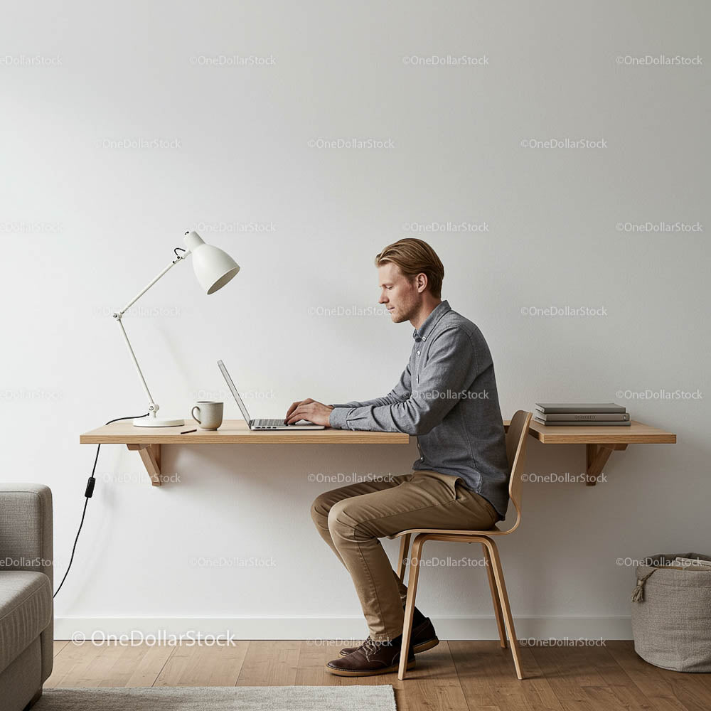 Mężczyzna pracujący na laptopie w minimalistycznym biurze domowym
