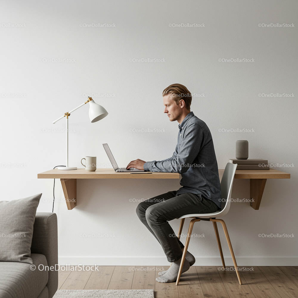 Minimalistyczne biuro domowe ze skupionym mężczyzną pracującym na laptopie