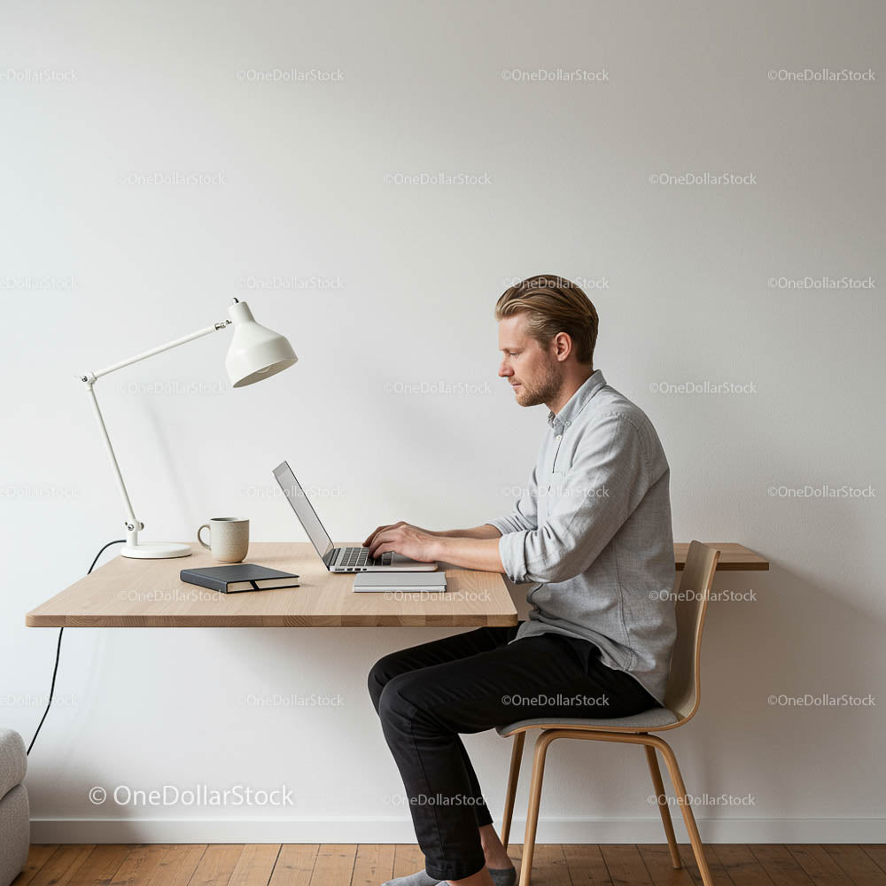 Mężczyzna pracujący na laptopie przy minimalistycznym biurku w domowym biurze