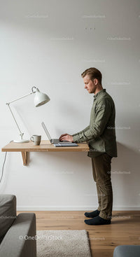 Man Working at Standing Desk in Minimalist Home Office