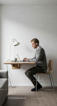 Minimalist Home Office with Man Working at Laptop