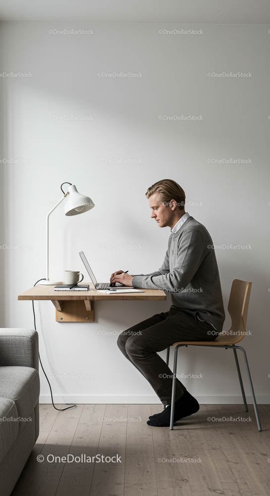 Minimalistyczne biuro domowe z mężczyzną pracującym przy laptopie