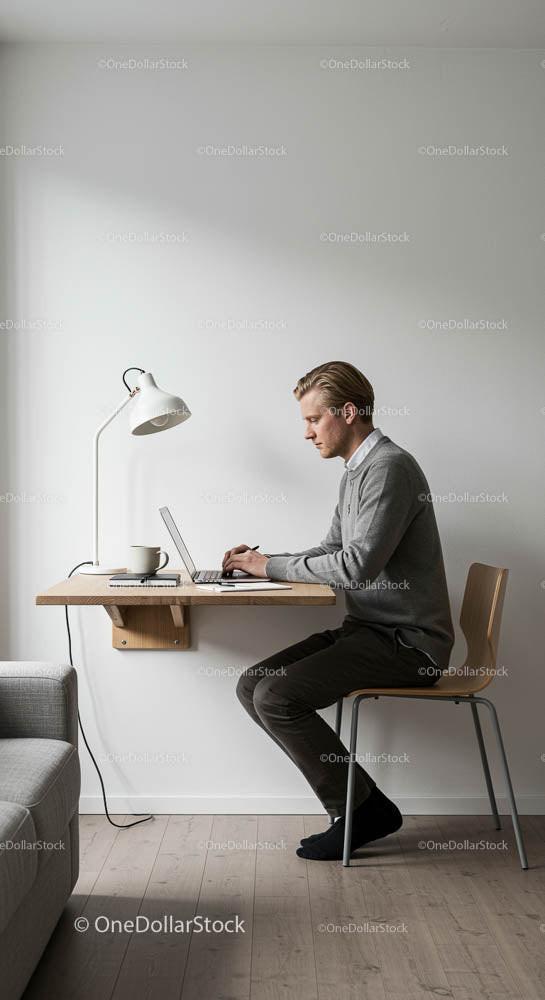 Minimalistyczne biuro domowe z mężczyzną pracującym przy laptopie