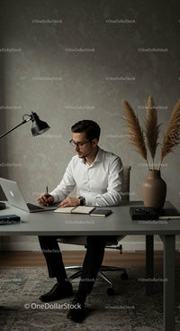 Young Professional Working at Home Office Desk with Laptop
