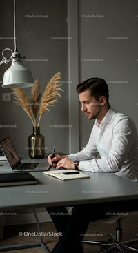 Professional Businessman Writing Notes at Modern Desk