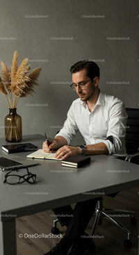 Focused Businessman Writing at Modern Office Desk