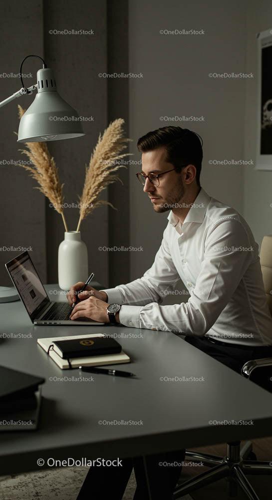 Profesjonalny mężczyzna pracujący na laptopie w nowoczesnym biurze