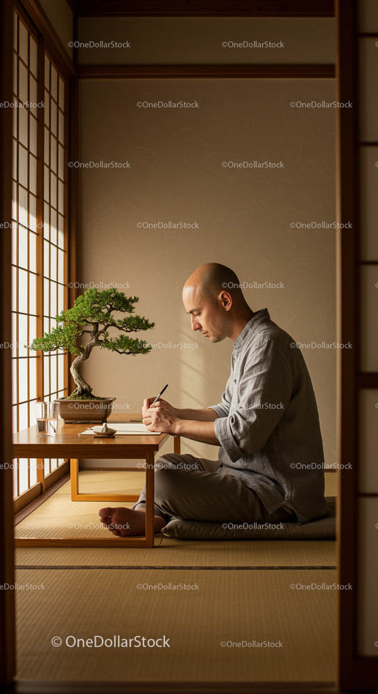 Mężczyzna praktykujący medytację zen w tradycyjnym japońskim pokoju