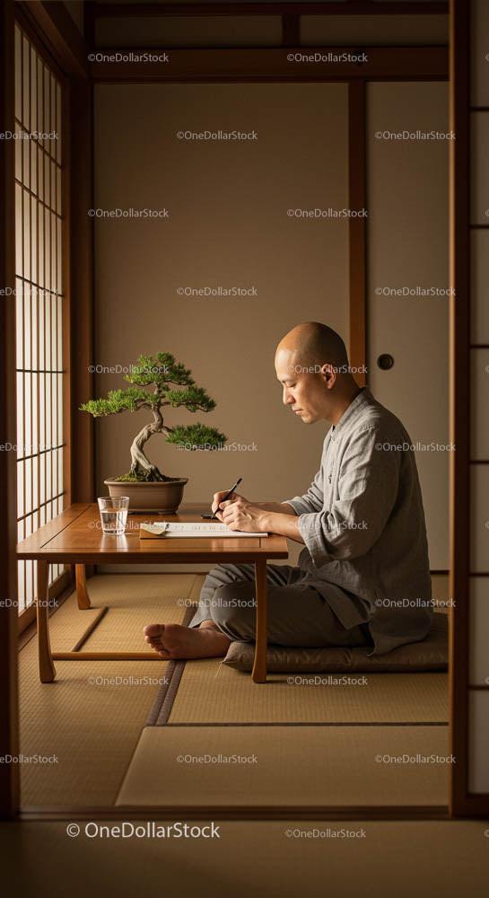 Mężczyzna Piszący w Spokojnym Japońskim Pokoju z Drzewkiem Bonsai
