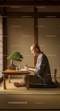 Meditative Writing in Zen Japanese Room with Bonsai Tree