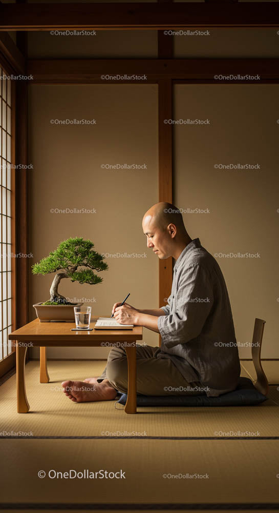 Medytacyjne pisanie w pokoju zen japońskim z drzewem bonsai