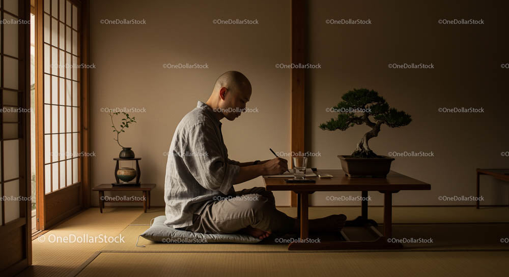 Mężczyzna medytujący w tradycyjnym japońskim pokoju z drzewem bonsai
