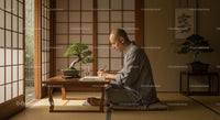 Man Practicing Calligraphy in Tranquil Japanese Room