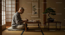 Man Practicing Calligraphy in Traditional Japanese Room