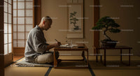 Man Practicing Calligraphy in Traditional Japanese Room