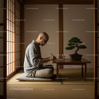 Man Practicing Calligraphy in Minimalist Japanese Room