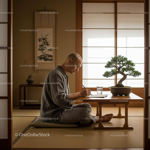 Mężczyzna medytujący w tradycyjnym japońskim pokoju z bonsai