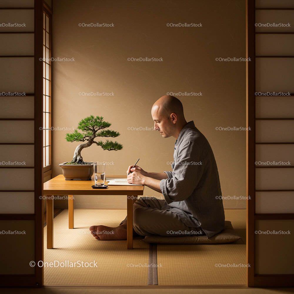 Mężczyzna piszący przy niskim stole z bonsai w pokoju zen