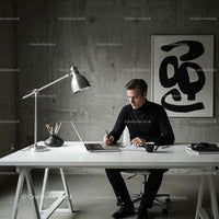Skoncentrowany profesjonalista w minimalistycznym otoczeniu biurowym