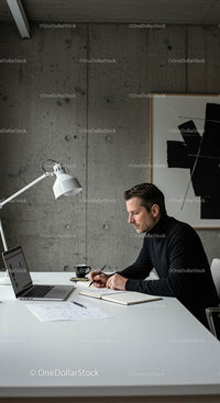 Focused Man Working at Modern Office Desk with Laptop